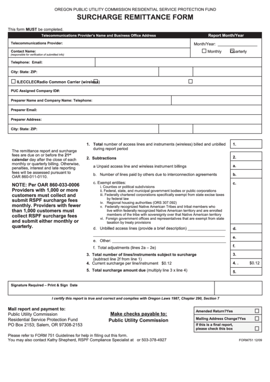 Fillable Form 751 - Surcharge Remittance December 2009 printable pdf ...