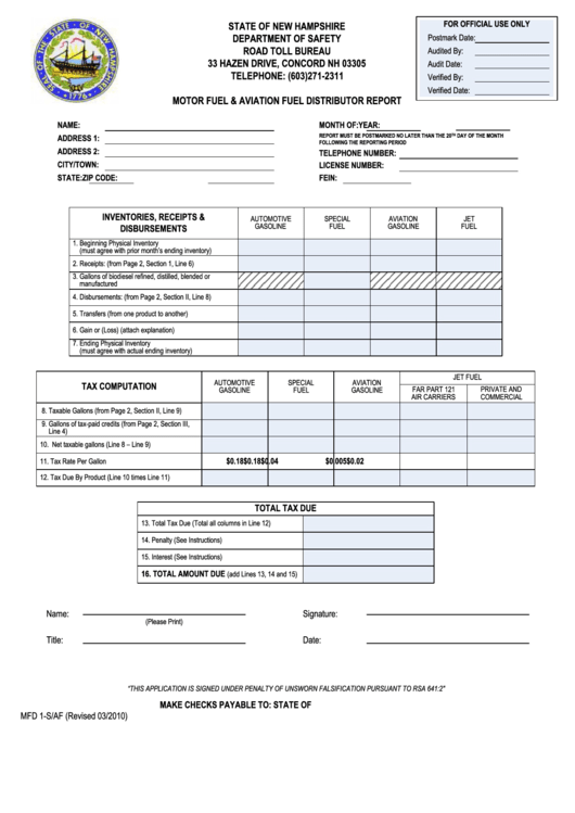 Form Mfd 1-S/af - Motor Fuel & Aviation Fuel Distributor Report - Department Of Safety - New Hampshire Printable pdf