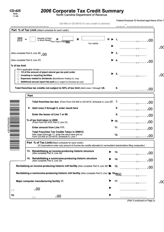 Form Cd-425 - Corporate Tax Credit Summary November 2006 Printable pdf
