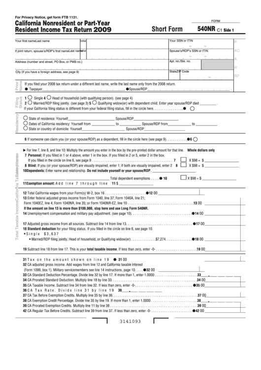 Fillable Form 540nr - California Nonresident Or Part-Year Resident Income Tax Return - Short Form - 2009 Printable pdf