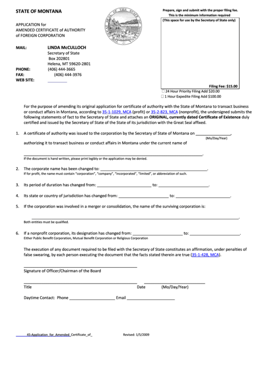 Application For Amended Certificate Of Authority Of Foreign Corporation - Montana Secretary Of State - 2009 Printable pdf