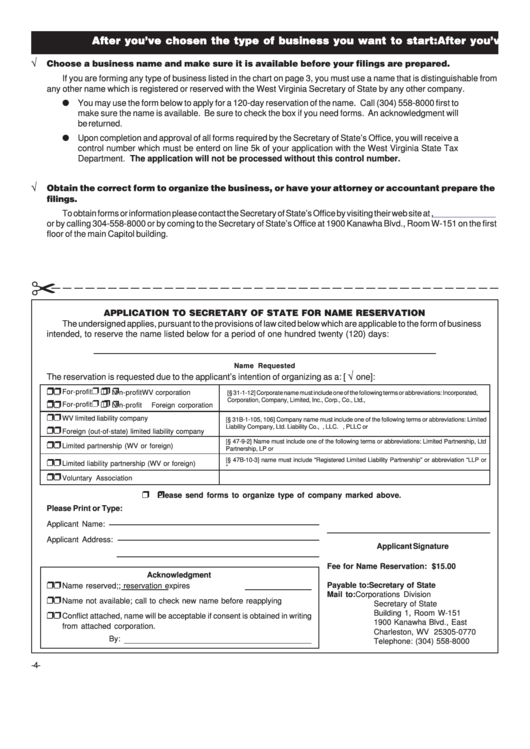 Fillable Form Wv/bus-App - Application To Secretary Of State For Name Reservation Printable pdf