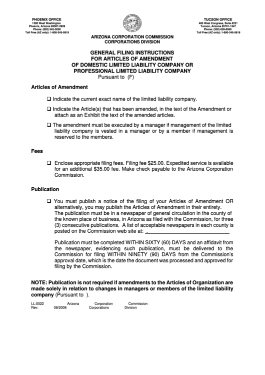 Form Ll:0022 - General Filing Instructions For Articles Of Amendment Of Domestic Limited Liability Company Or Professional Limited Liability Company - Arizona Corporation Commission - 2008 Printable pdf