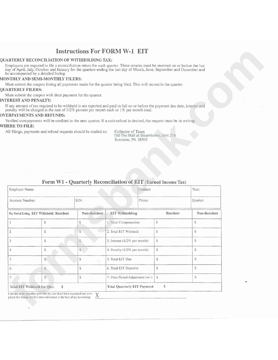 Form W1 - Quarterly Reconciliation Of Eit (Earned Income Tax)