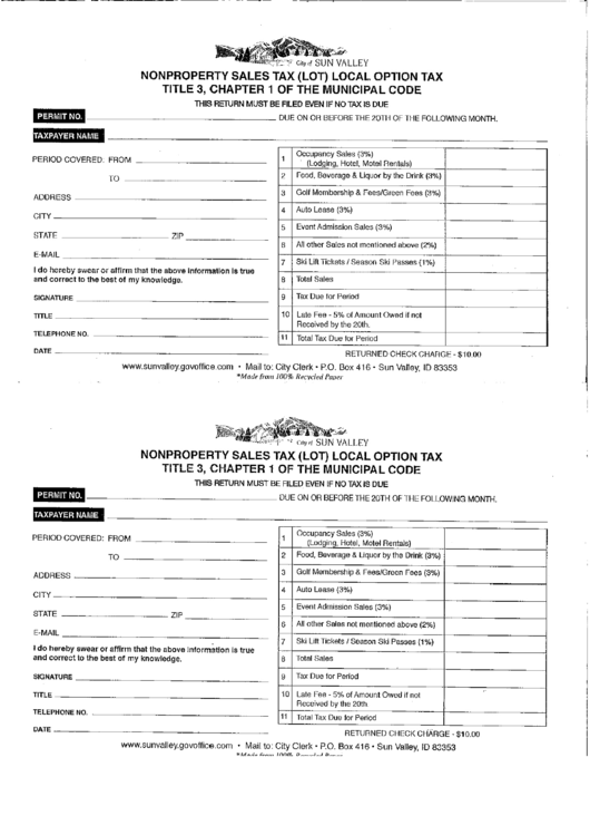 Nonproperty Sales Tax (Lot) Local Option Tax Form - Sun Valley - Idaho Printable pdf