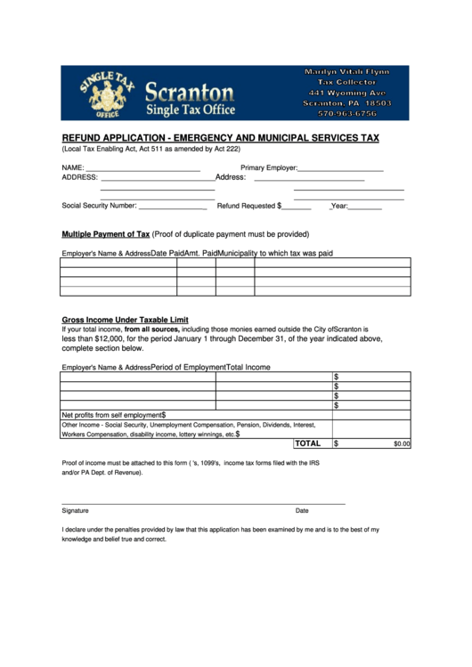 Fillable Refund Application - Emergency And Municipal Services Tax Form Printable pdf