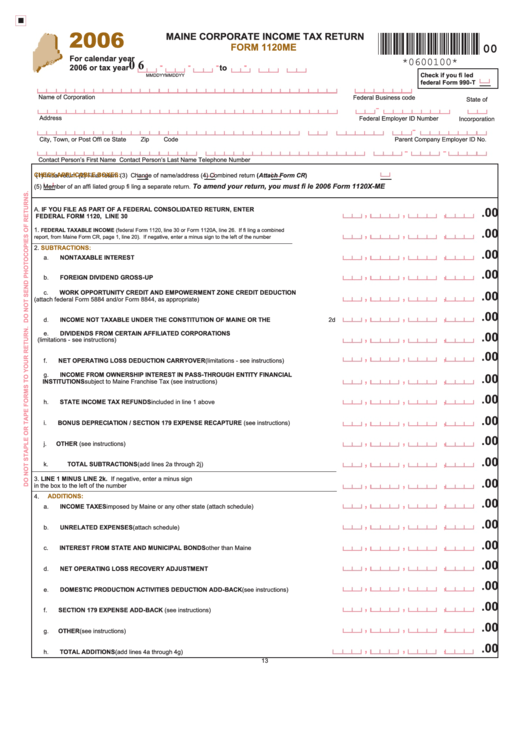 Form 1120me - Maine Corporate Income Tax Return - 2006 Printable pdf