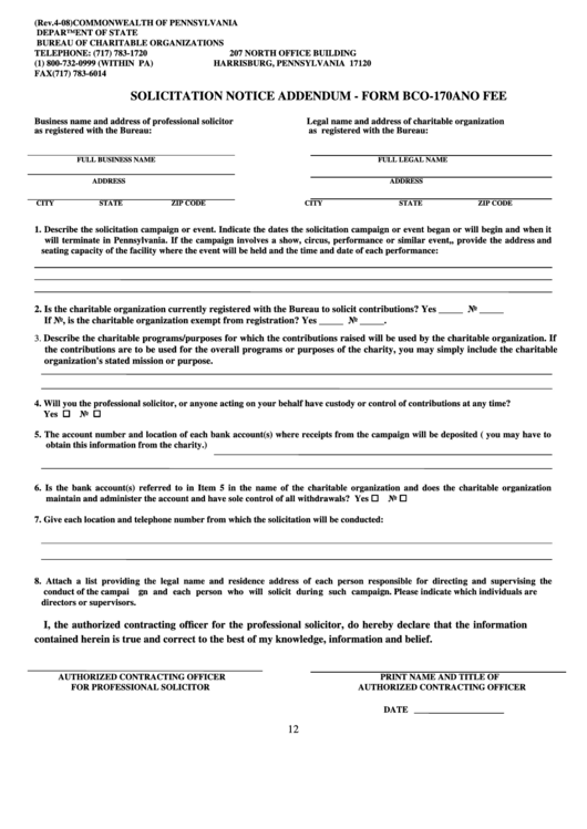 Fillable Form Bco-170a - Solicitation Notice Addendum Printable pdf