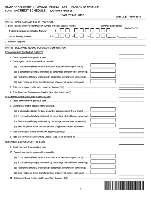 Form 700 - Delaware Income Tax Credit Schedule - 2010 Printable pdf