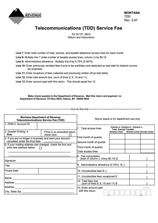 Fillable Montana Form Tdd - Telecommunications (Tdd) Service Fee Printable pdf