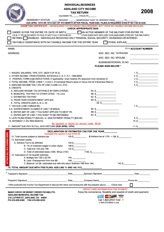 Individual/business Income Tax Return - Ashland Municipal Income Tax - 2008 Printable pdf