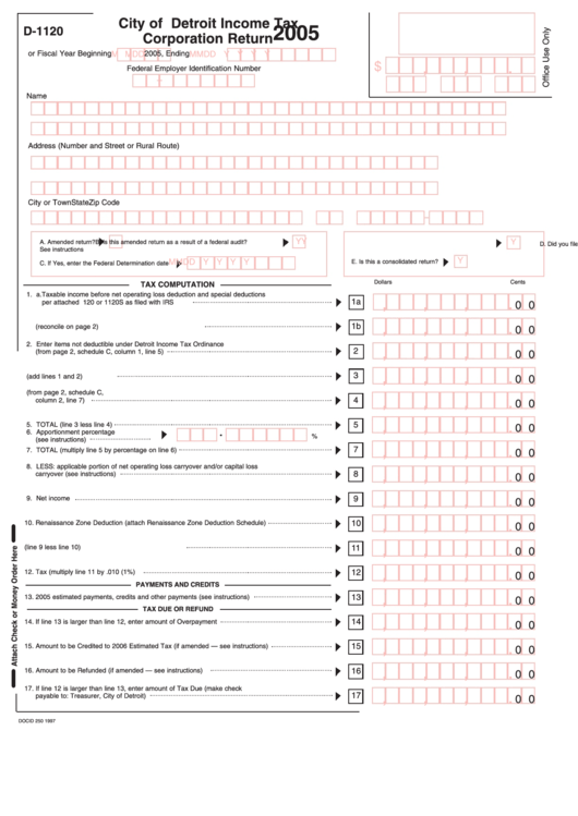 Form D-1120 - Income Tax Corporation Return - City Of Detroit - 2005 Printable pdf