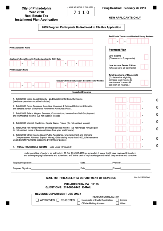 Real Estate Tax Installment Plan Application - City Of Philadelphia - 2010 Printable pdf