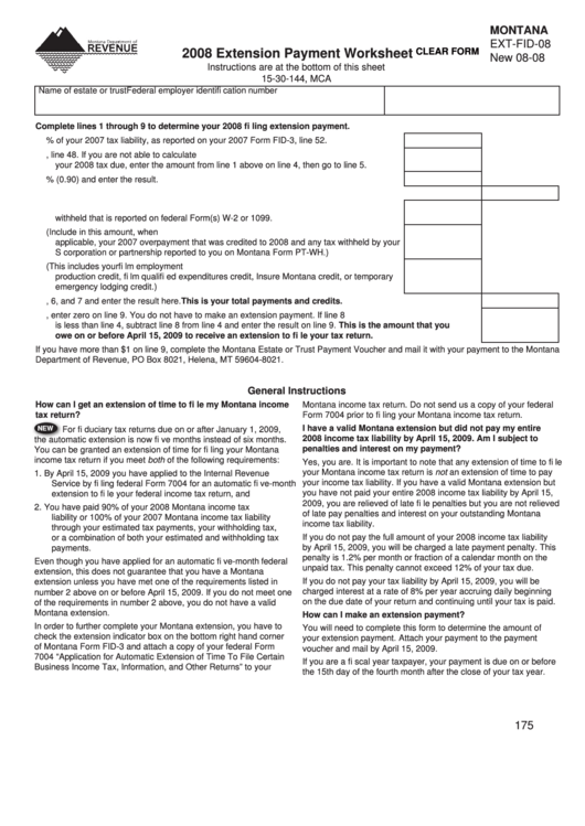 Fillable Form Ext-Fid-08 - Extension Payment Worksheet - 2008 Printable pdf