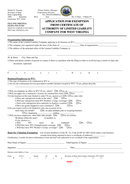 Fillable Form Llf-2 - Application For Exemption From Certificate Of Authority Of Limited Liability Company For West Virginia Printable pdf