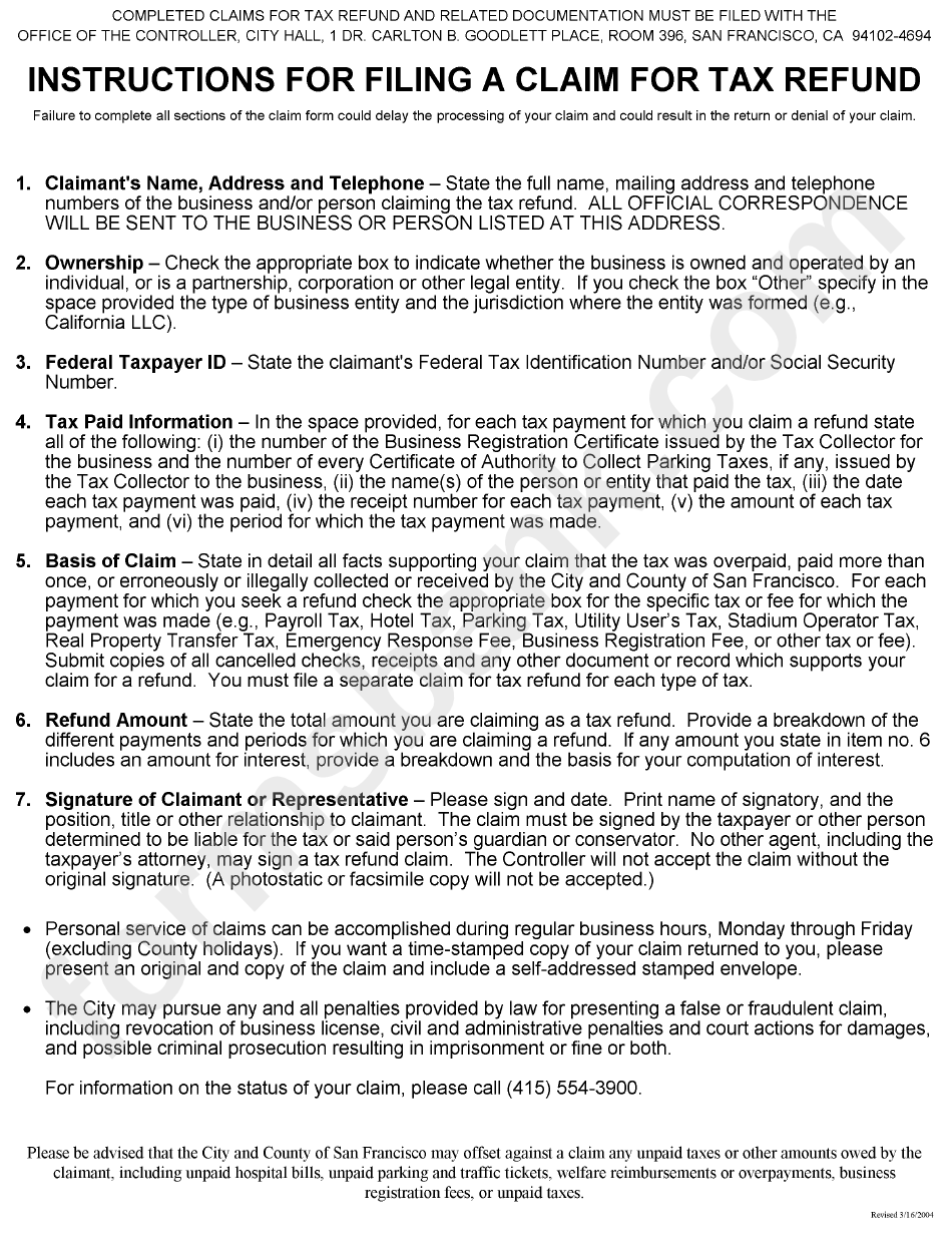 Instructions For Filing A Claim For Tax Refund Form March 2004