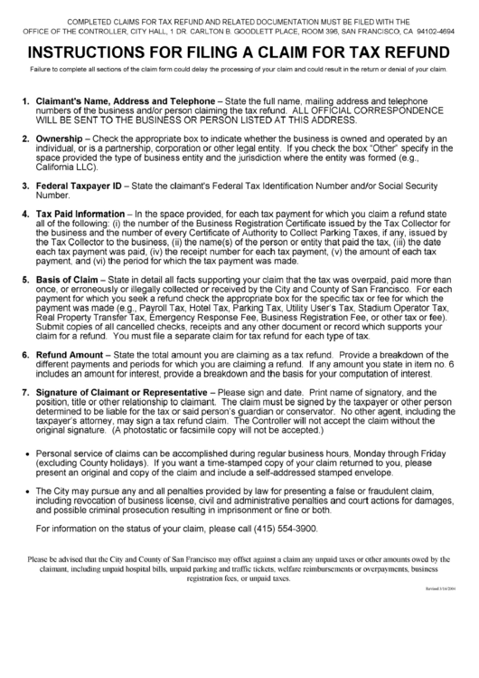 Instructions For Filing A Claim For Tax Refund Form March 2004 Printable pdf