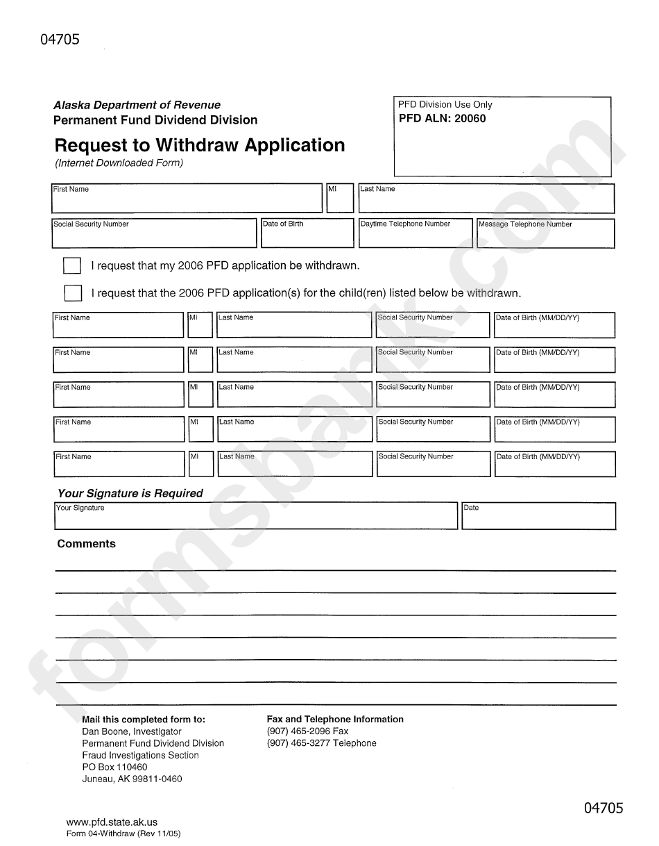 Form 04705 - Request To Withdraw Application November 2005
