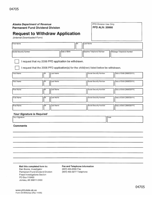 Form 04705 - Request To Withdraw Application November 2005 Printable pdf