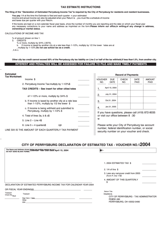 City Of Perrysburg Declaration Of Estimated Tax - 2004 Printable pdf