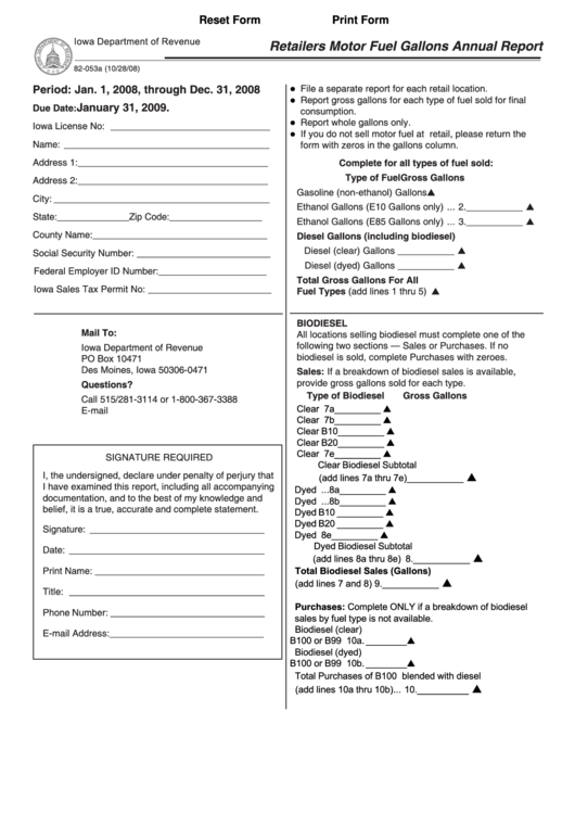 Fillable Form 82-053b - Retailers Motor Fuel Gallons Annual Report Printable pdf