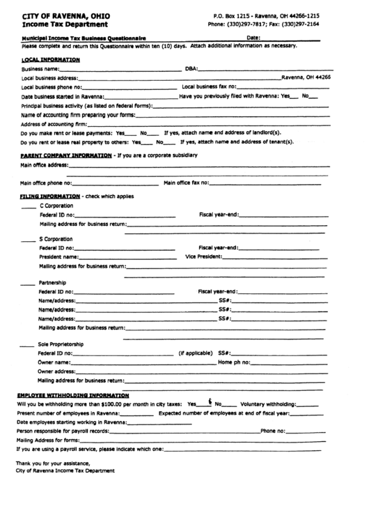 Municipal Income Tax Business Questionnaire Form Printable pdf