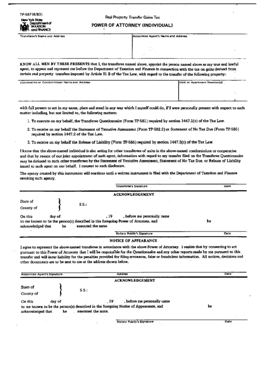 Form Tp-587 - Real Property Transfer Gains Tax - Power Of Attorney Printable pdf