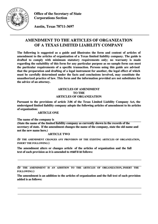 Amendment To The Articles Of Organization Of A Texas Limited Liability Company Form Printable pdf