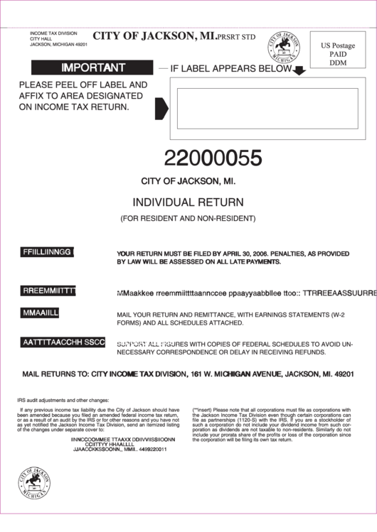 Individual Return (For Resident And Non-Resident) - City Of Jackson - 2005 Printable pdf