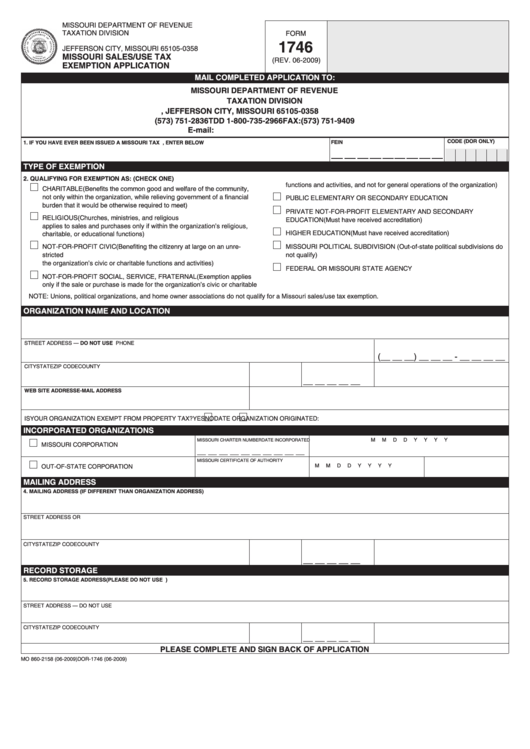 Fillable Form 1746 - Missouri Sales/use Tax Exemption Application Printable pdf