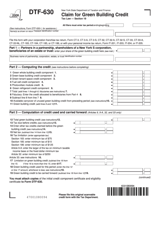 Fillable Form Dtf-630 - Claim For Green Building Credit - 2008 Printable pdf