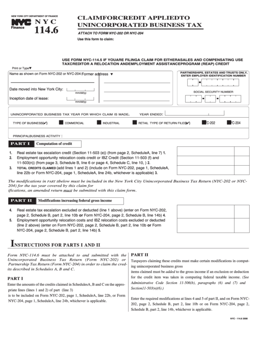 Form Nyc-114.6 - Claim For Credit Applied To Unincorporated Business Tax - 2008 Printable pdf