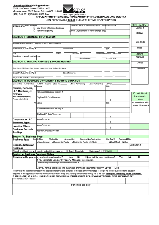 Application For License, Transaction Privilege (Sales) And Use Tax - City Of Mesa Printable pdf