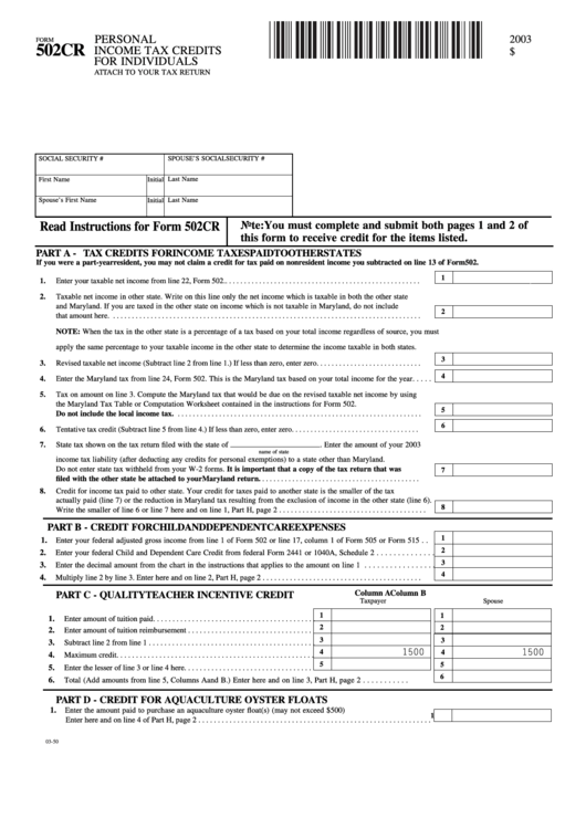 Fillable Form 502cr - Personal Income Tax Credits For Individuals - 2003 Printable pdf