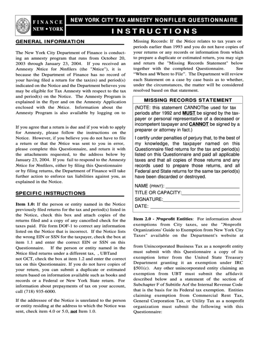 Instructions For New York City Amnesty Nonfiler Questionnaire Form - 2003 Printable pdf