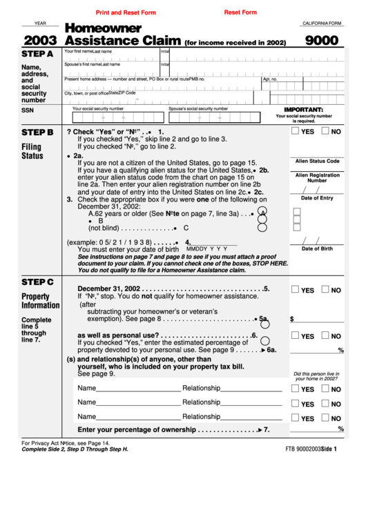 Fillable California Form 9000 - Homeowner Assistance Claim - 2003 Printable pdf