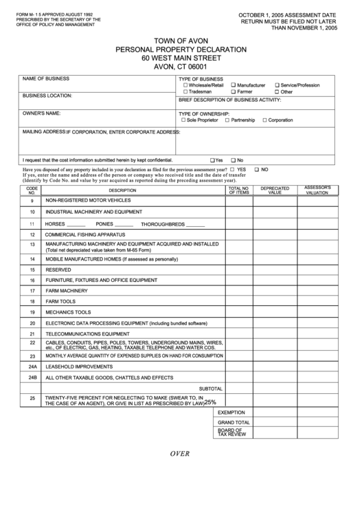 Form M- 15 - Town Of Avon Personal Property Declaration - 2005 Printable pdf