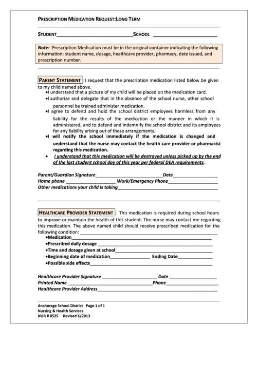 Prescription Medication Request: Long Term Printable pdf