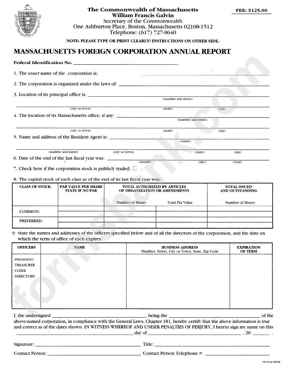 Massachusetts Foreign Corporation Annual Report Form
