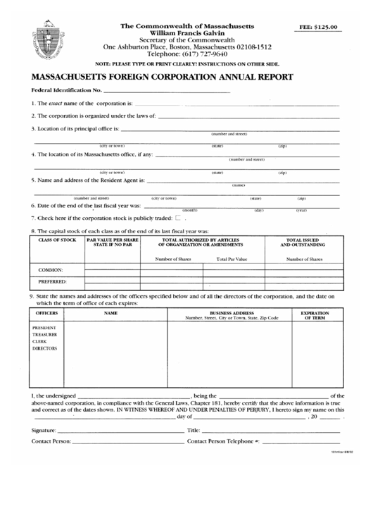 Massachusetts Foreign Corporation Annual Report Form Printable pdf