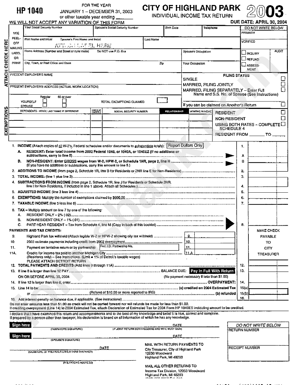 Form Hp 1040 - City Of Highland Park Individual Income Tax Return - 2003