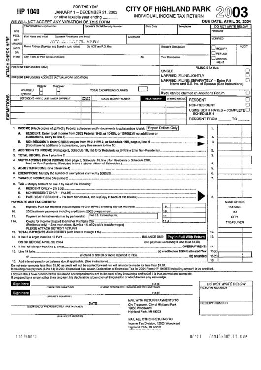 Form Hp 1040 - City Of Highland Park Individual Income Tax Return - 2003 Printable pdf