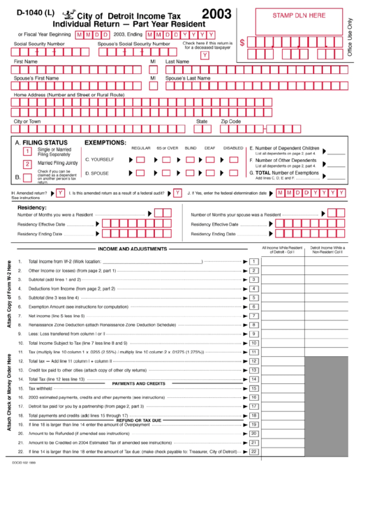 Form D-1040 (L) - City Of Detroit Income Tax Individual Return - Part Year Resident - 2003 Printable pdf