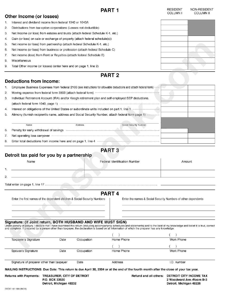 Form D-1040 (L) - City Of Detroit Income Tax Individual Return - Part Year Resident - 2003
