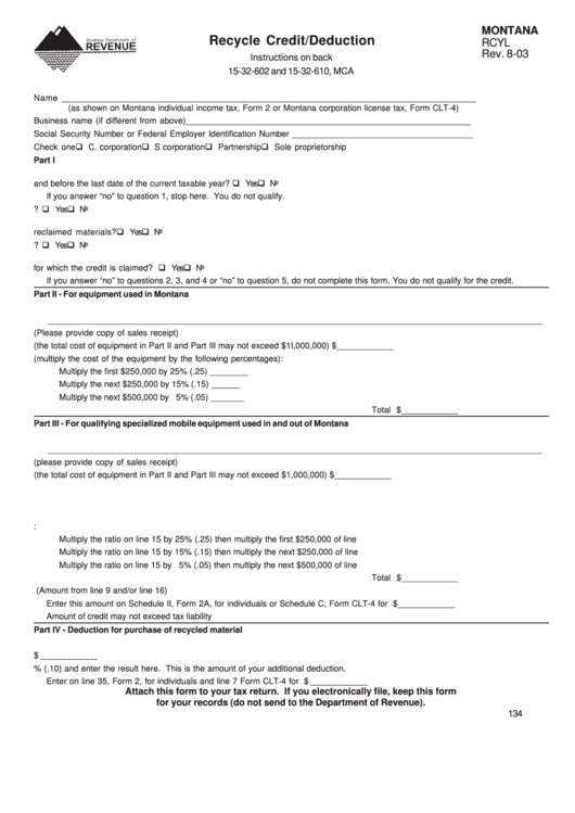 Form Montana Rcyl - Recycle Credit/deduction - 2003 Printable pdf