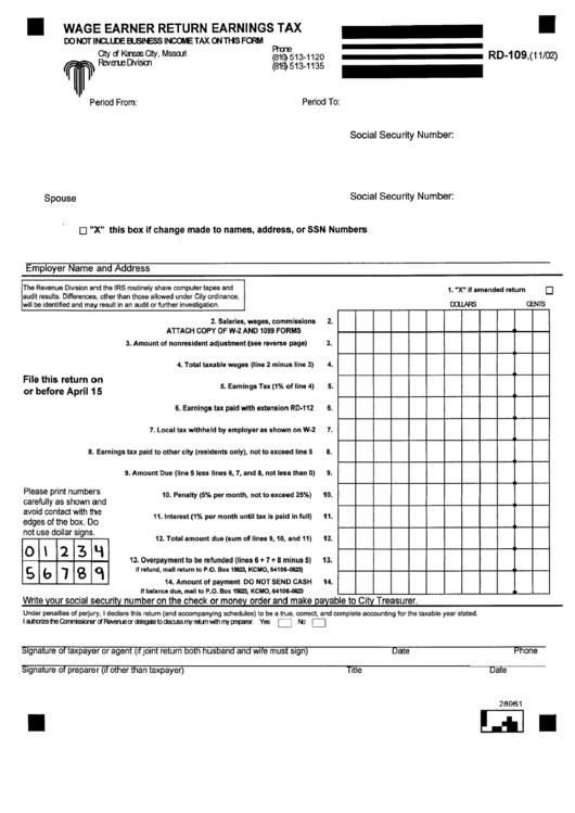 Fillable Form Rd 109 Wage Earner Return Earnings Tax Printable Pdf ...