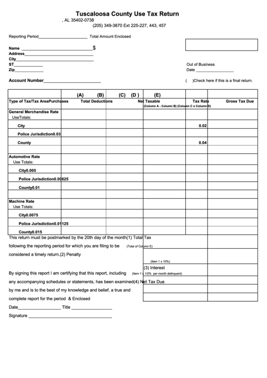 Fillable Tuscaloosa County Use Tax Return Form Printable pdf