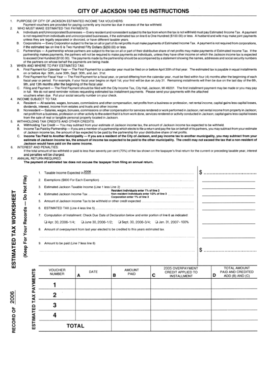 Form 1040 Es - City Of Jackson Estimated Income Tax Payment Voucher - 2006 Printable pdf