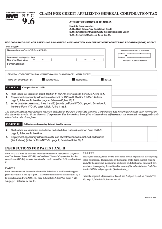 Form Nyc-9.6 - Claim For Credit Applied To General Corporation Tax - 2008 Printable pdf
