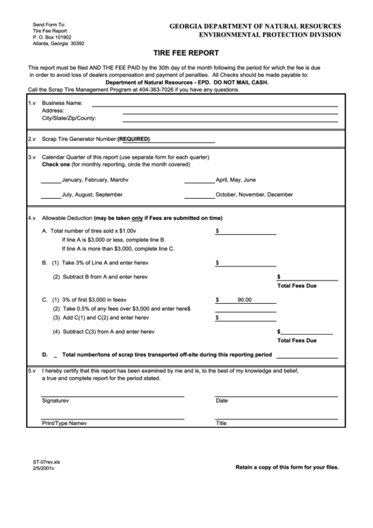 Form St-07 - Tire Fee Report Printable pdf